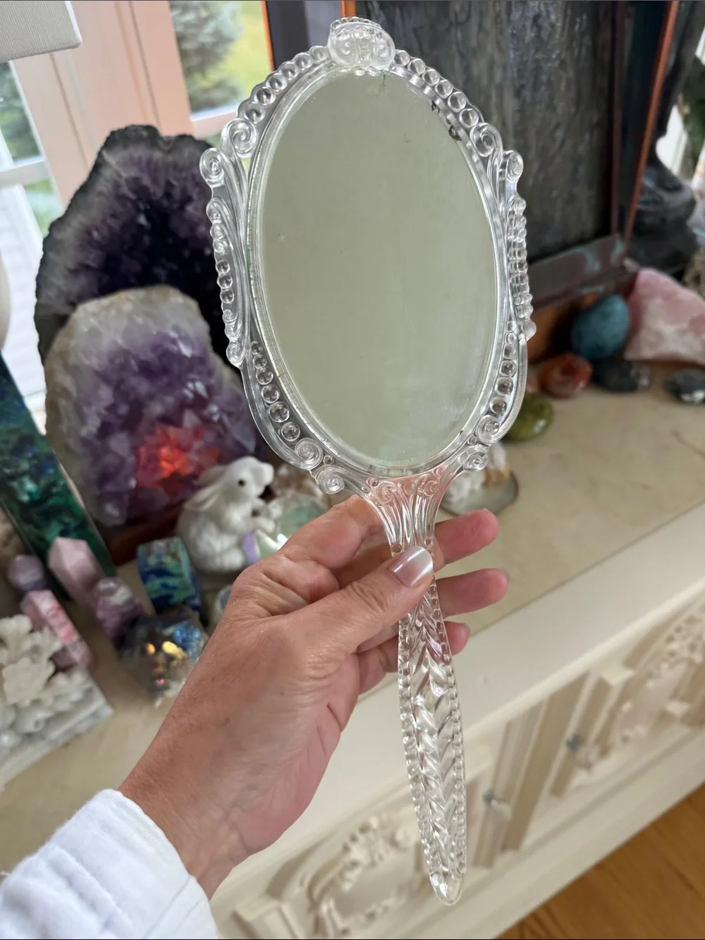 Vintage Clear Lucite Handheld Vanity Mirror